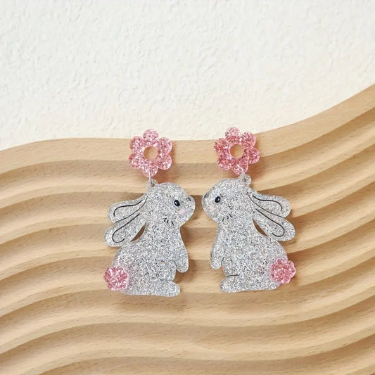 Silver + Pink Bunny Earrings