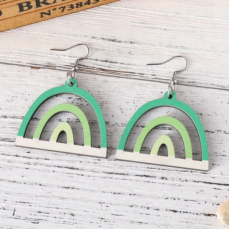 Wooden Green Rainbow Earrings