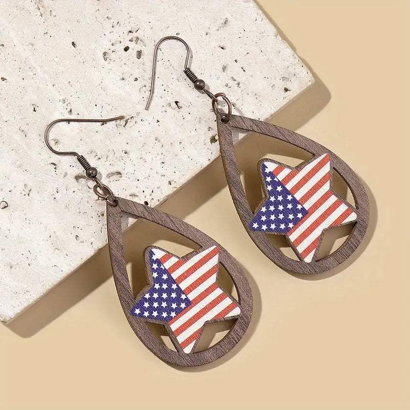 Wooden Star Flag Earrings