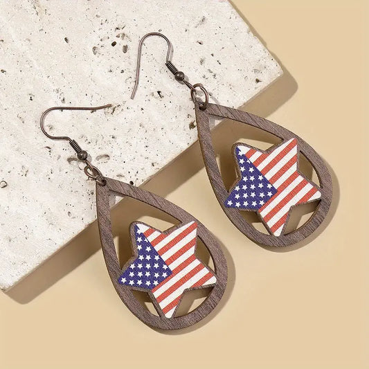 Wooden Star Flag Earrings